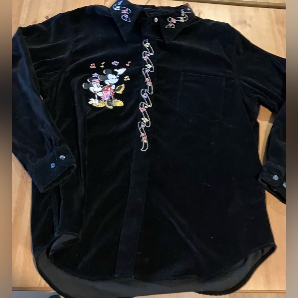 EUC Vintage Disney Black Blouse with Mickey/Minnie Embroidery Music Notes size M